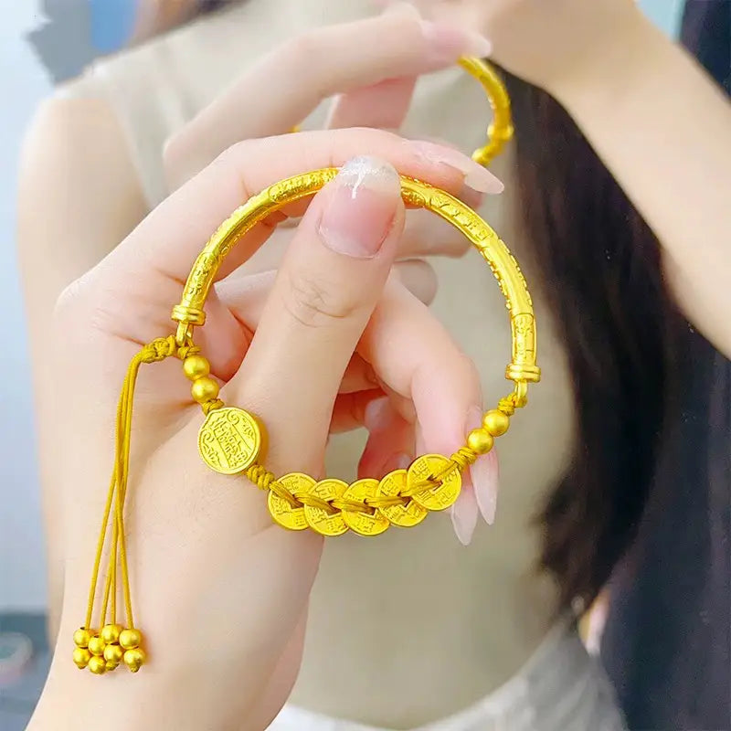 24k gold five emperor coins wealth bracelet - free shipping / 11mm