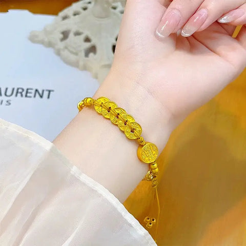 24k gold five emperor coins wealth bracelet - free shipping / 11mm