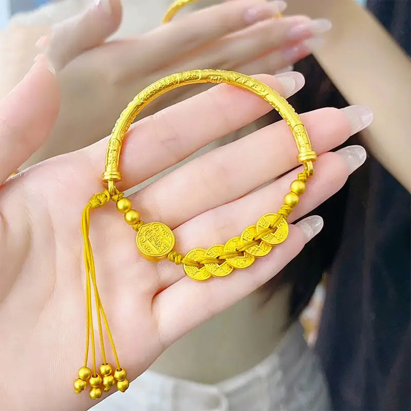 24k gold five emperor coins wealth bracelet - free shipping / 11mm