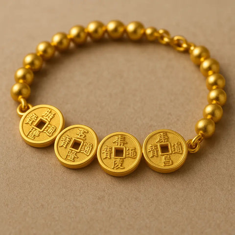 Unlock prosperity and good fortune with the 24k gold five emperor coins wealth bracelet