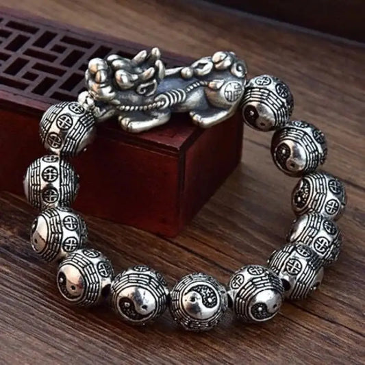 Fortune pixiu & bagua 999 silver bead bracelet - 12mm