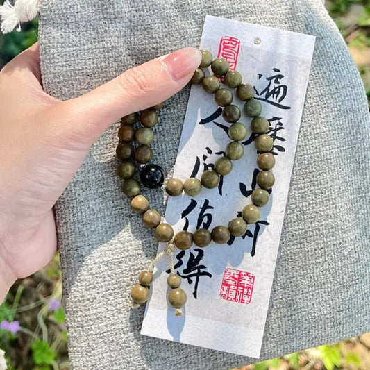 Green sandalwood double-loop bracelet with obsidian - 14mm