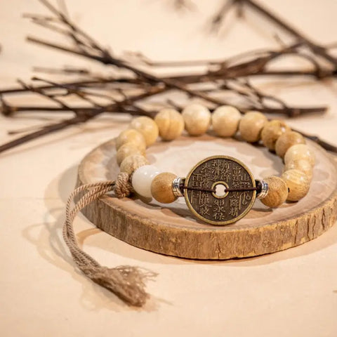 Milk-scented sandalwood prayer beads bracelet with mountain spirit amulet coins - 10mm
