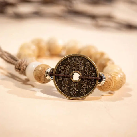 Milk-scented sandalwood prayer beads bracelet with mountain spirit amulet coins - 10mm