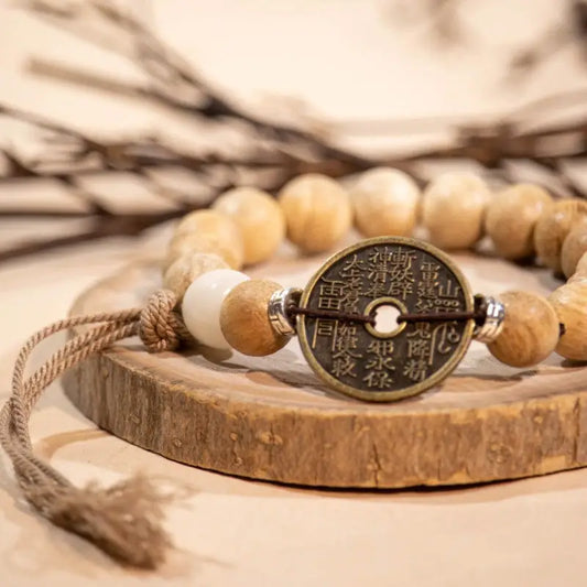 Milk-scented sandalwood prayer beads bracelet with mountain spirit amulet coins - 10mm