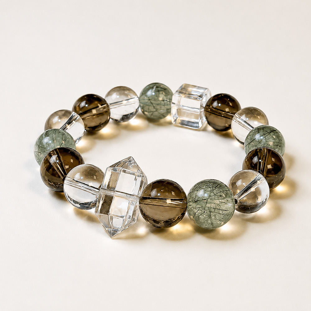The Harmony Flow-Natural Clear Quartz, Smoky Quartz & Green Rutilated Quartz Bracelet