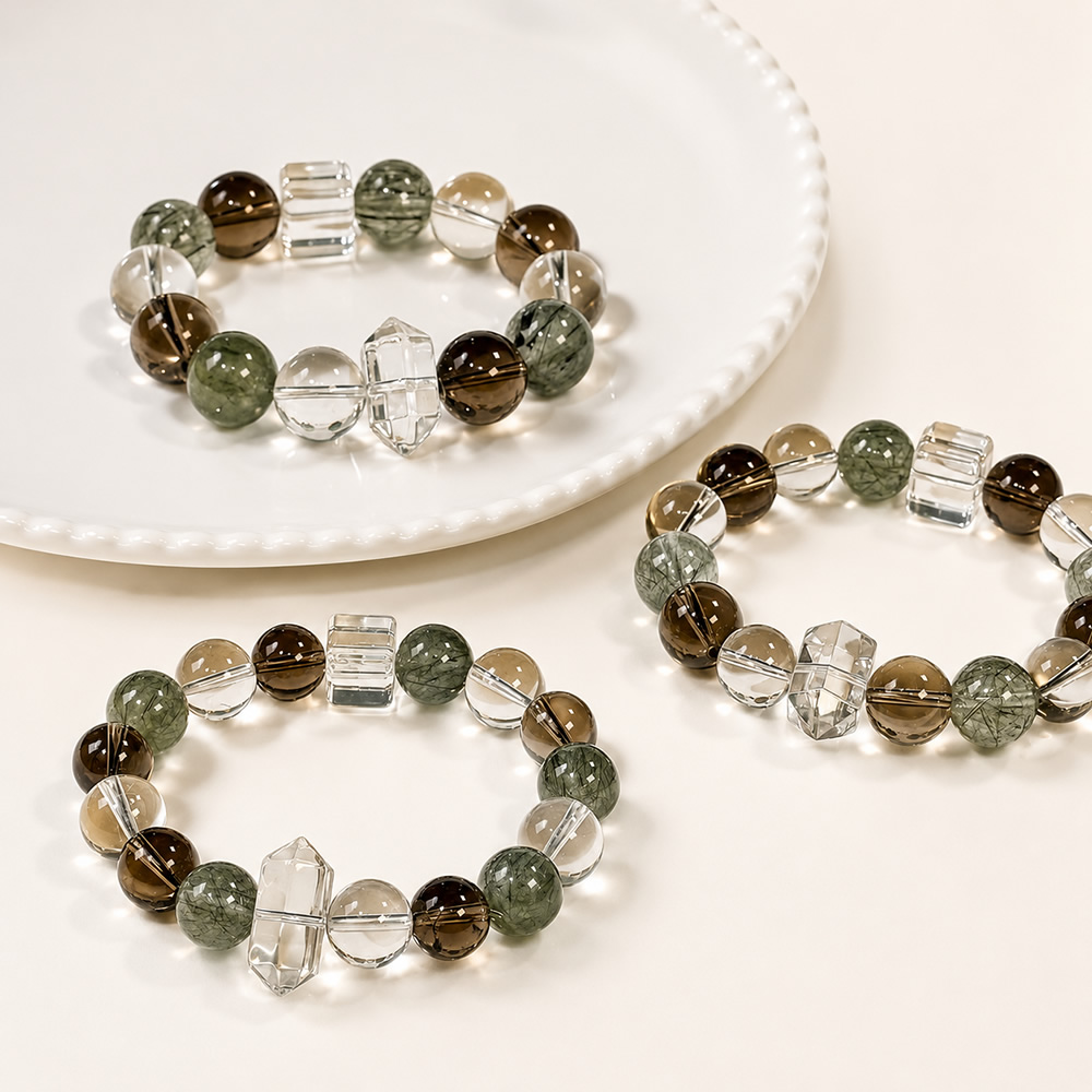 The Harmony Flow-Natural Clear Quartz, Smoky Quartz & Green Rutilated Quartz Bracelet - Image 3