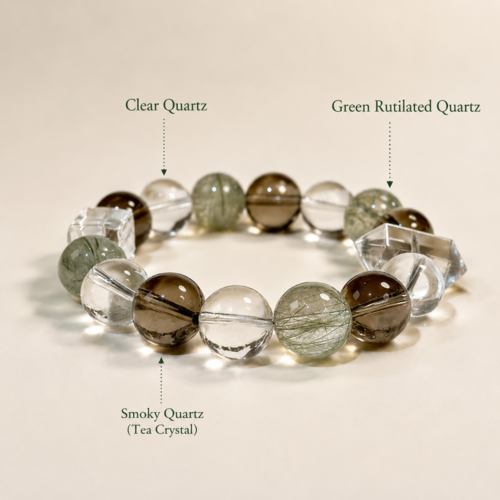 The Harmony Flow-Natural Clear Quartz, Smoky Quartz & Green Rutilated Quartz Bracelet - Image 4