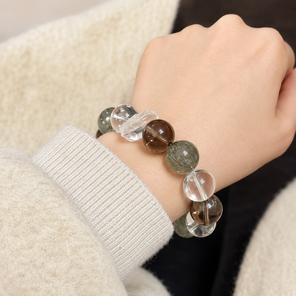 The Harmony Flow-Natural Clear Quartz, Smoky Quartz & Green Rutilated Quartz Bracelet - Image 5