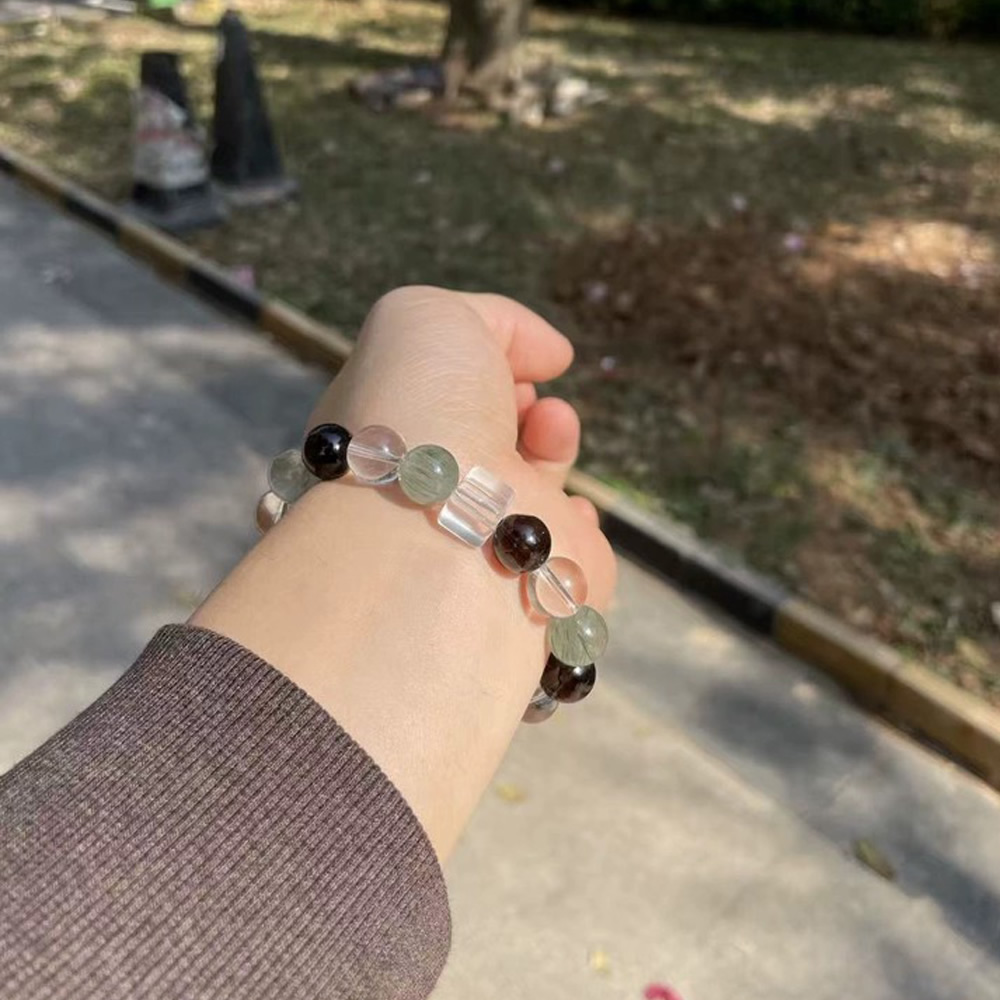 The Harmony Flow-Natural Clear Quartz, Smoky Quartz & Green Rutilated Quartz Bracelet - Image 6