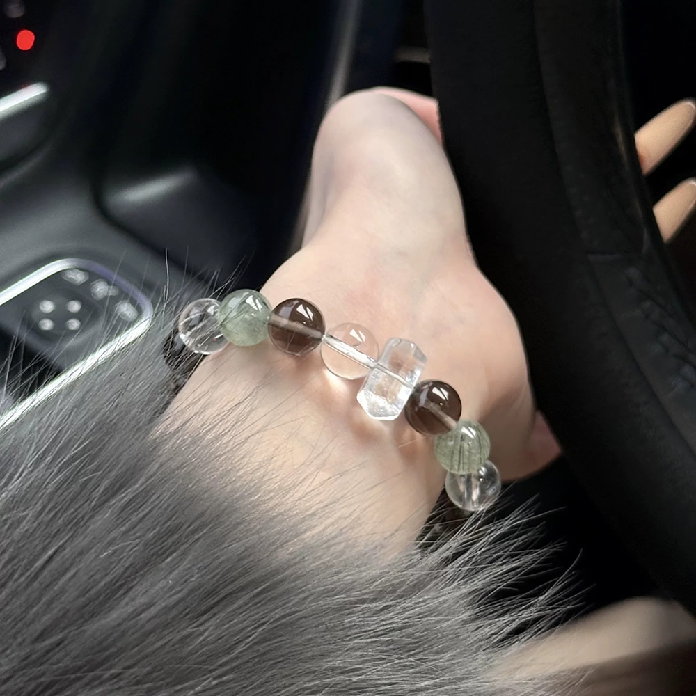 The Harmony Flow-Natural Clear Quartz, Smoky Quartz & Green Rutilated Quartz Bracelet - Image 7