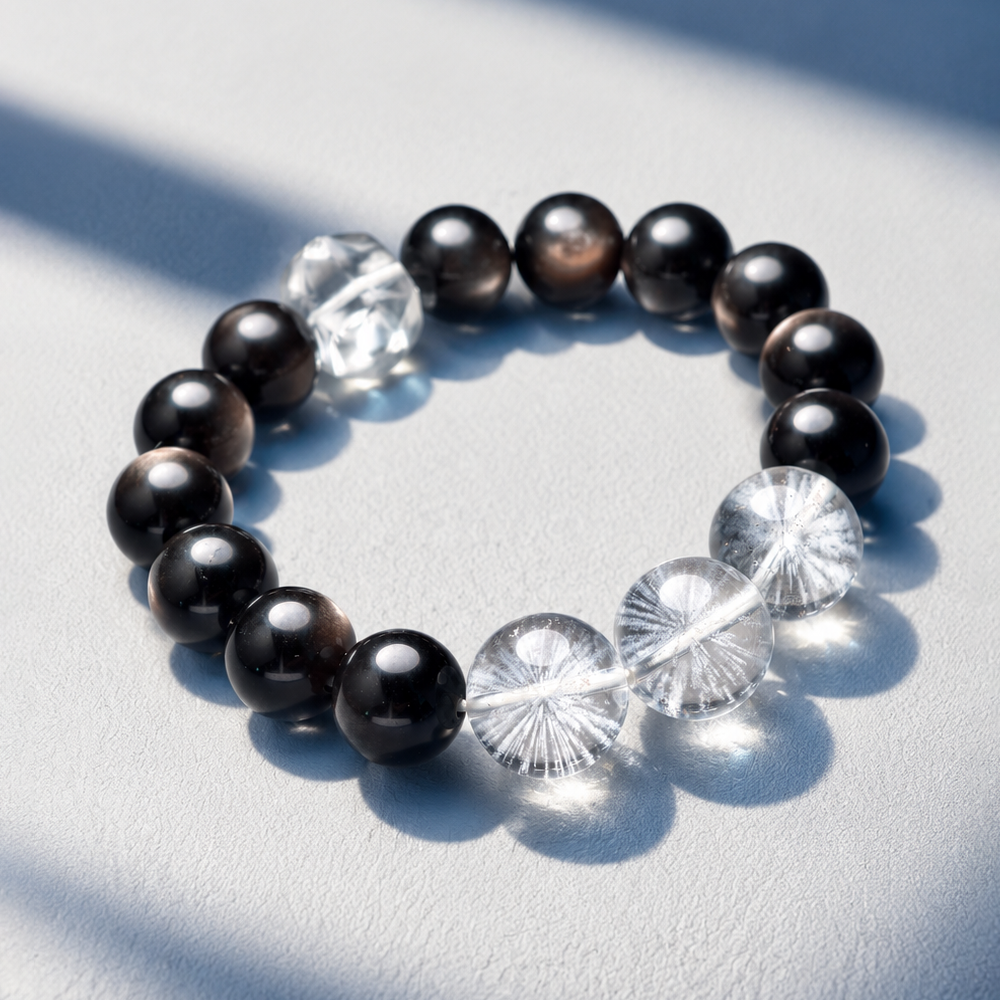 Six Flow Bracelet – Silver Obsidian & White Quartz
