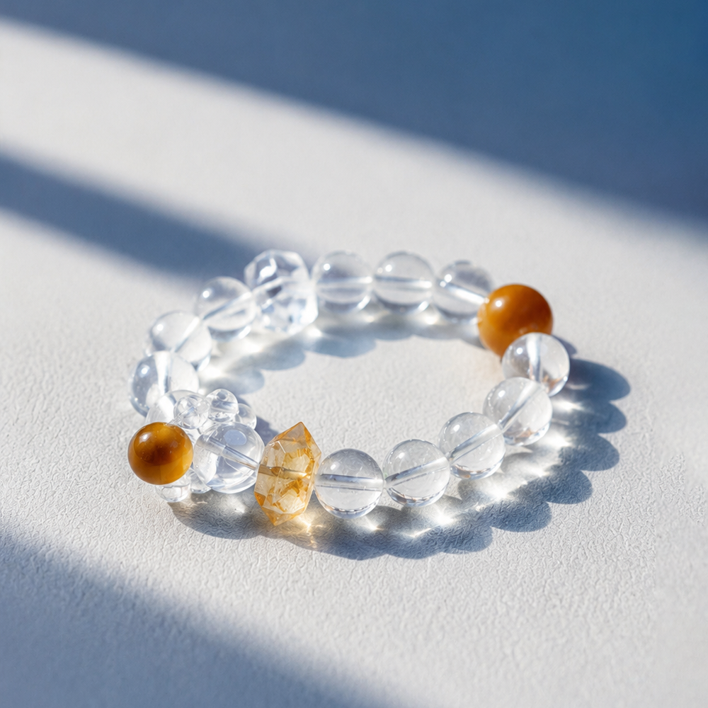 Metal Flow Bracelet – White Quartz, Golden Tiger’s Eye & Dual-Terminated Quartz