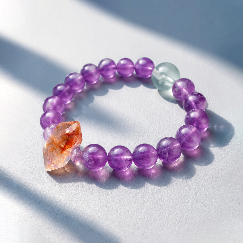 Endless Purple Flame Bracelet – Amethyst, Green Fluorite & Red Rutilated Quartz
