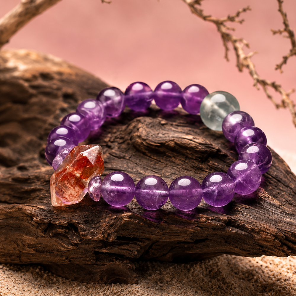 Endless Purple Flame Bracelet – Amethyst, Green Fluorite & Red Rutilated Quartz - Image 8