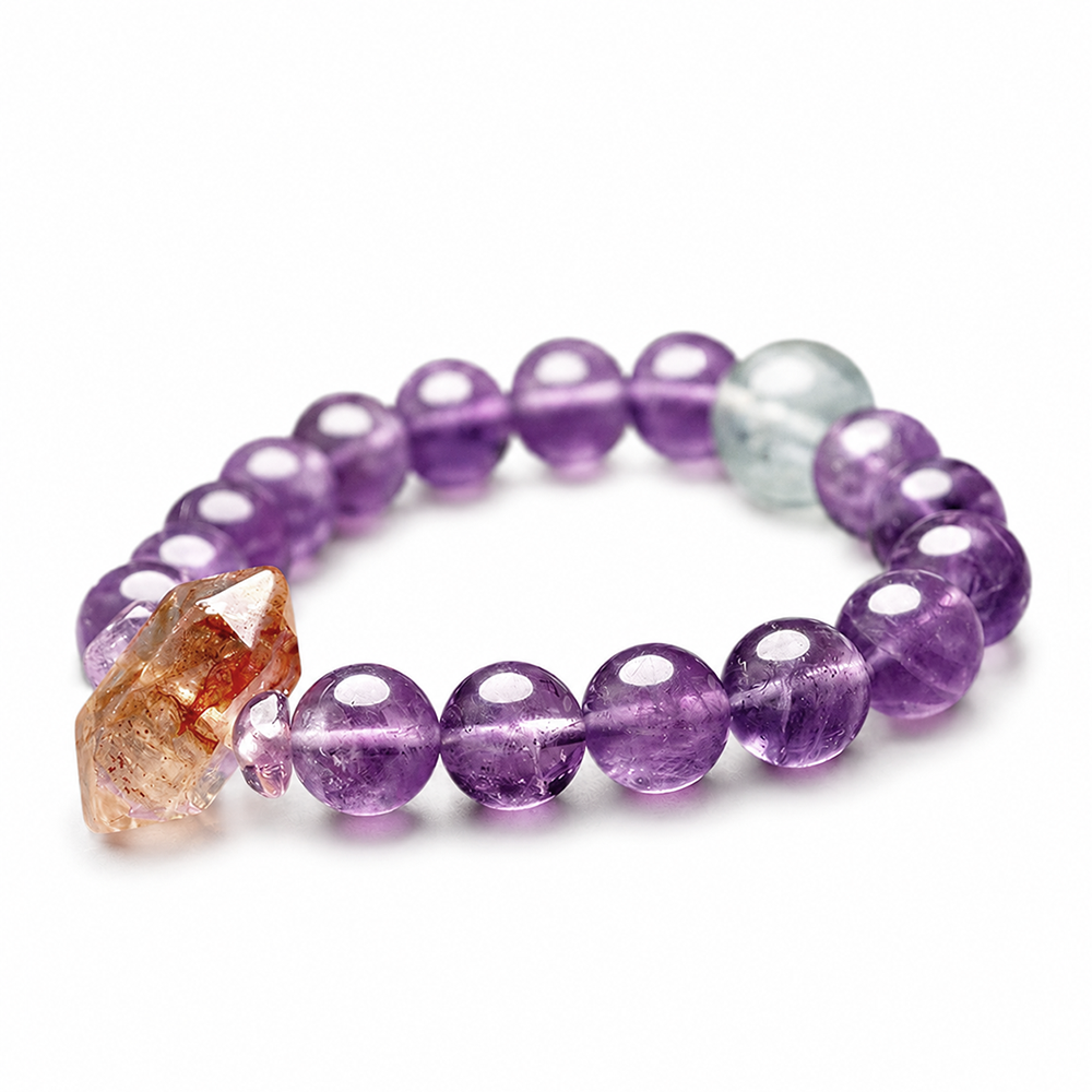 Endless Purple Flame Bracelet – Amethyst, Green Fluorite & Red Rutilated Quartz - Image 9