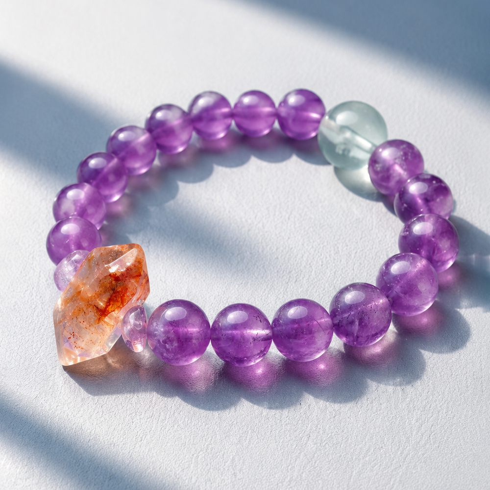 Endless Purple Flame Bracelet – Amethyst, Green Fluorite & Red Rutilated Quartz